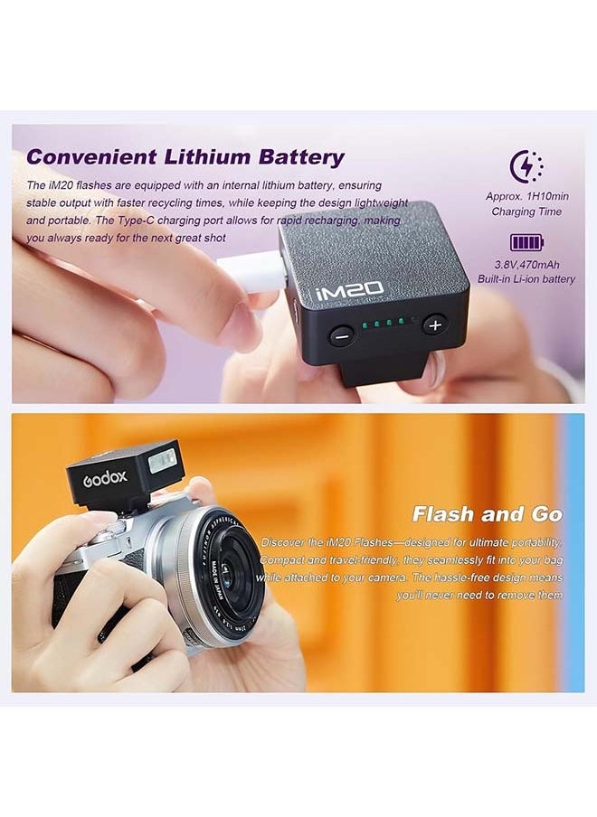 Godox iM20 Mini Flash for Camera with 470mAh Batter 440 Full-Power Flash 5 Levels Mini Flash Speedlite for Sony zve10 Sony zv1 Ricoh gr3 Canon Nikon Fuji Olympus Camera (iM20)