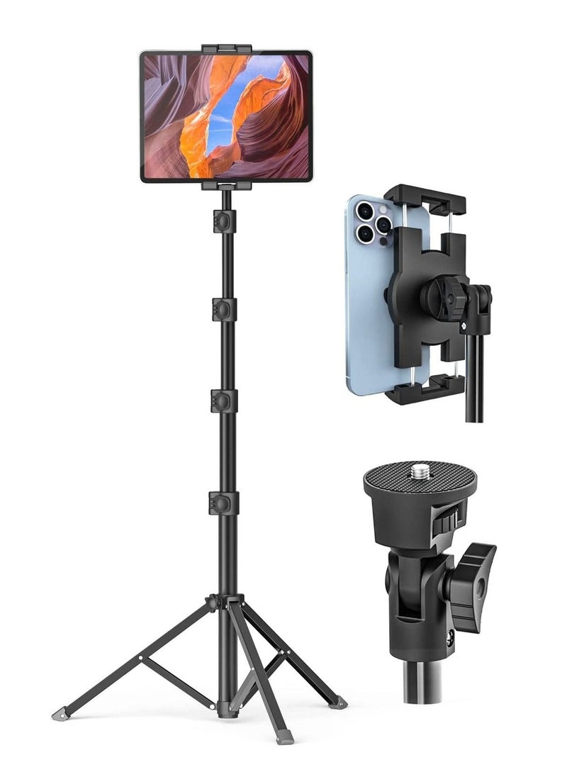 Tablet Floor Tripod Stand 62 inch Height Adjustable Holder with 360° Rotating Phone Tripod Mount & 1/4'' Screw for iPad Pro 12.9 Air Mini, iPhone, 4-13