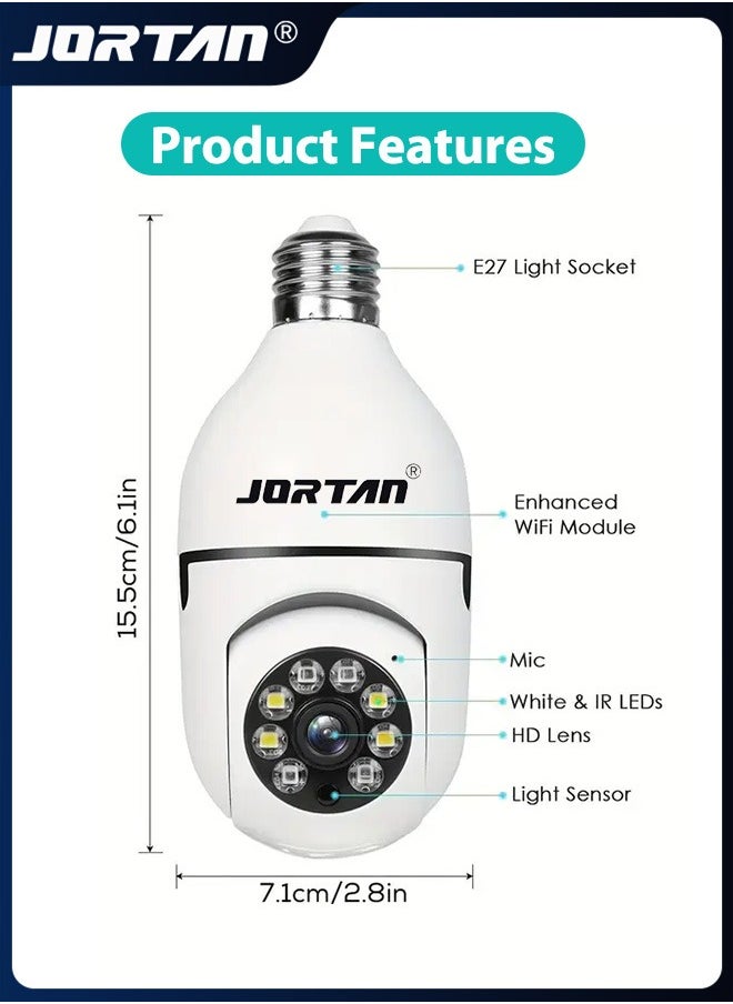 2MP HD Light Bulb Camera Built in Flash Smart Video Call Camera 360° Pan & Tilt Home PTZ Camera with 360° View & Color Night Vision & Motion Detection