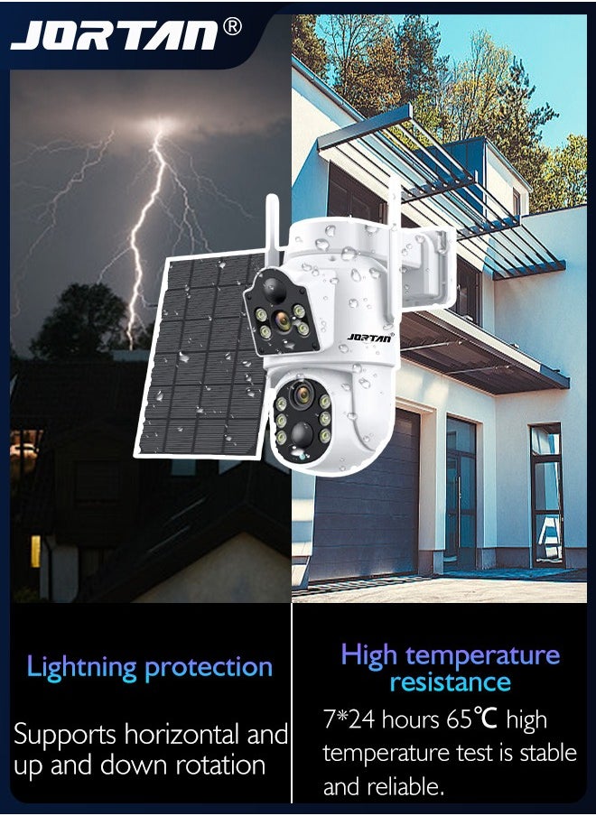 4MP Wi-Fi Solar Security Camera Outdoor Wireless Low Power Consumption Surveillance Camera Dual Monitoring IP66 Waterproof Camera with Solar Panel & Remote Control & 7800 mAh High Capacity Battery & PTZ Control ＆ HD Color Night Vision & Motion Detection