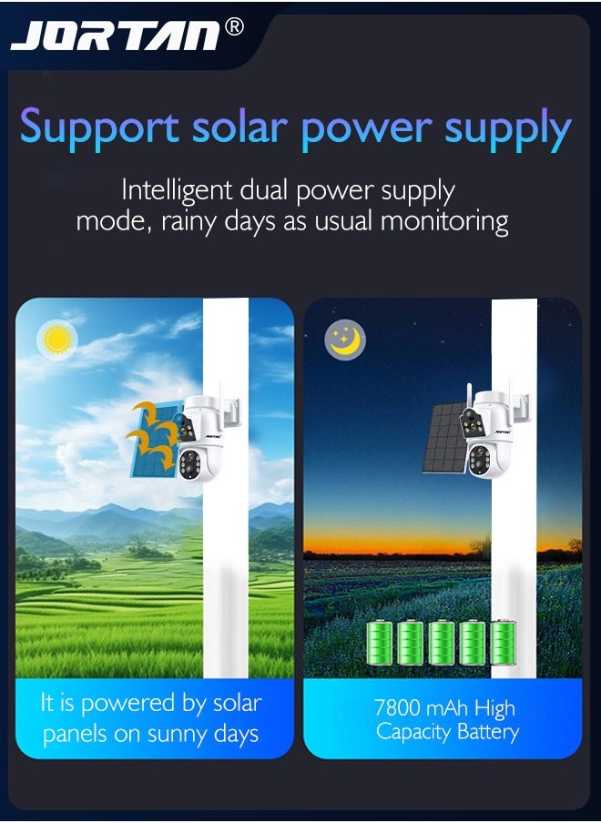 4MP Wi-Fi Solar Security Camera Outdoor Wireless Low Power Consumption Surveillance Camera Dual Monitoring IP66 Waterproof Camera with Solar Panel & Remote Control & 7800 mAh High Capacity Battery & PTZ Control ＆ HD Color Night Vision & Motion Detection