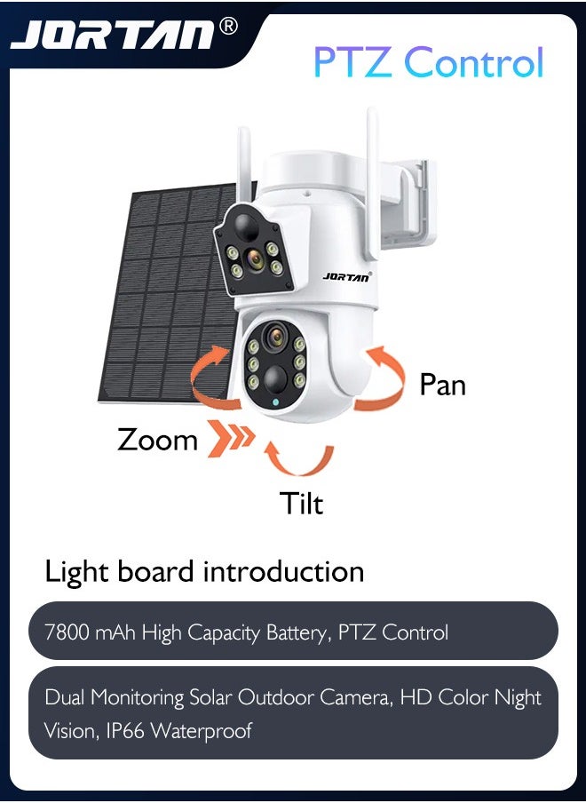 4MP Wi-Fi Solar Security Camera Outdoor Wireless Low Power Consumption Surveillance Camera Dual Monitoring IP66 Waterproof Camera with Solar Panel & Remote Control & 7800 mAh High Capacity Battery & PTZ Control ＆ HD Color Night Vision & Motion Detection