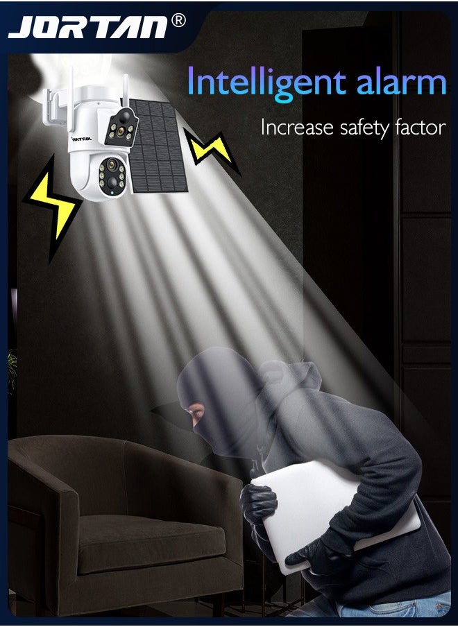 4MP Wi-Fi Solar Security Camera Outdoor Wireless Low Power Consumption Surveillance Camera Dual Monitoring IP66 Waterproof Camera with Solar Panel & Remote Control & 7800 mAh High Capacity Battery & PTZ Control ＆ HD Color Night Vision & Motion Detection