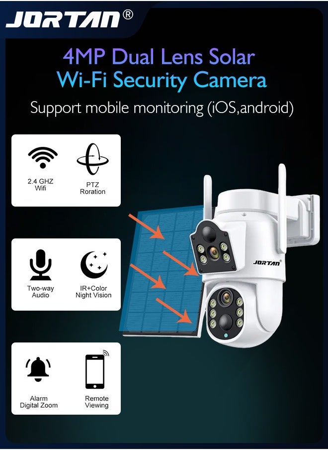 4MP Wi-Fi Solar Security Camera Outdoor Wireless Low Power Consumption Surveillance Camera Dual Monitoring IP66 Waterproof Camera with Solar Panel & Remote Control & 7800 mAh High Capacity Battery & PTZ Control ＆ HD Color Night Vision & Motion Detection