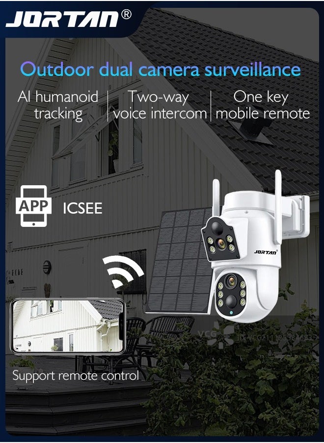 4MP Wi-Fi Solar Security Camera Outdoor Wireless Low Power Consumption Surveillance Camera Dual Monitoring IP66 Waterproof Camera with Solar Panel & Remote Control & 7800 mAh High Capacity Battery & PTZ Control ＆ HD Color Night Vision & Motion Detection