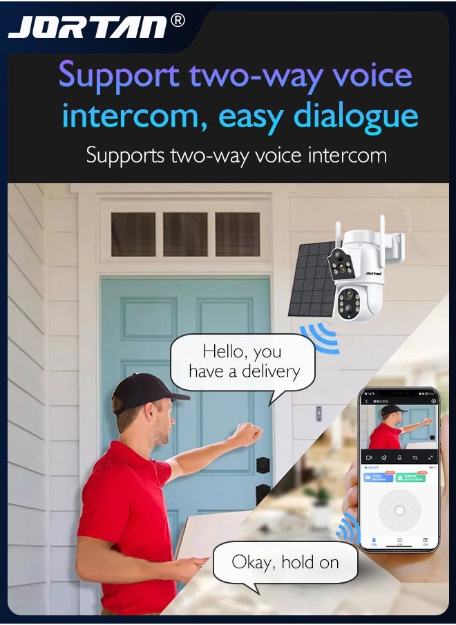 4MP Wi-Fi Solar Security Camera Outdoor Wireless Low Power Consumption Surveillance Camera Dual Monitoring IP66 Waterproof Camera with Solar Panel & Remote Control & 7800 mAh High Capacity Battery & PTZ Control ＆ HD Color Night Vision & Motion Detection