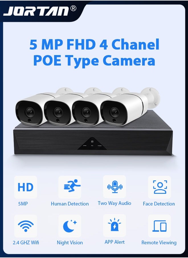 5MP FHD 4 Channel Bullet Camera Indoor/Outdoor Security Camera Smart Waterproof Camera Kit with All-weather Protection & 20*8 Meters Cable