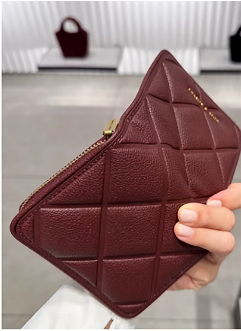 CHARLES & KEITH Anwen Quilted Zip-Around Wallet - Burgundy