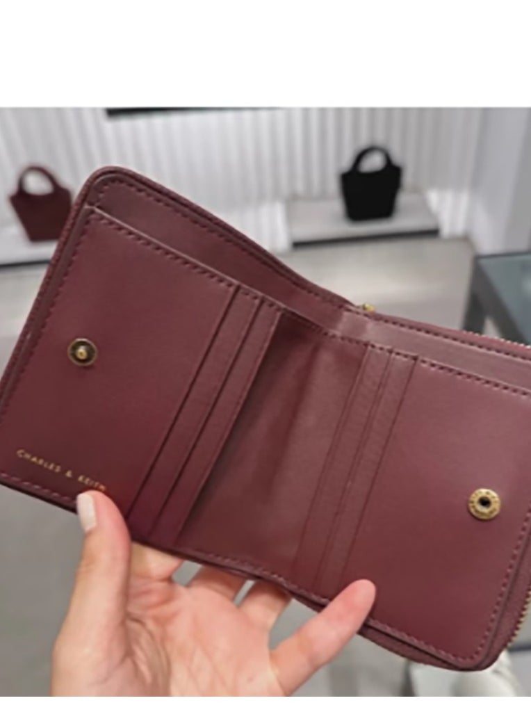 CHARLES & KEITH Anwen Quilted Zip-Around Wallet - Burgundy