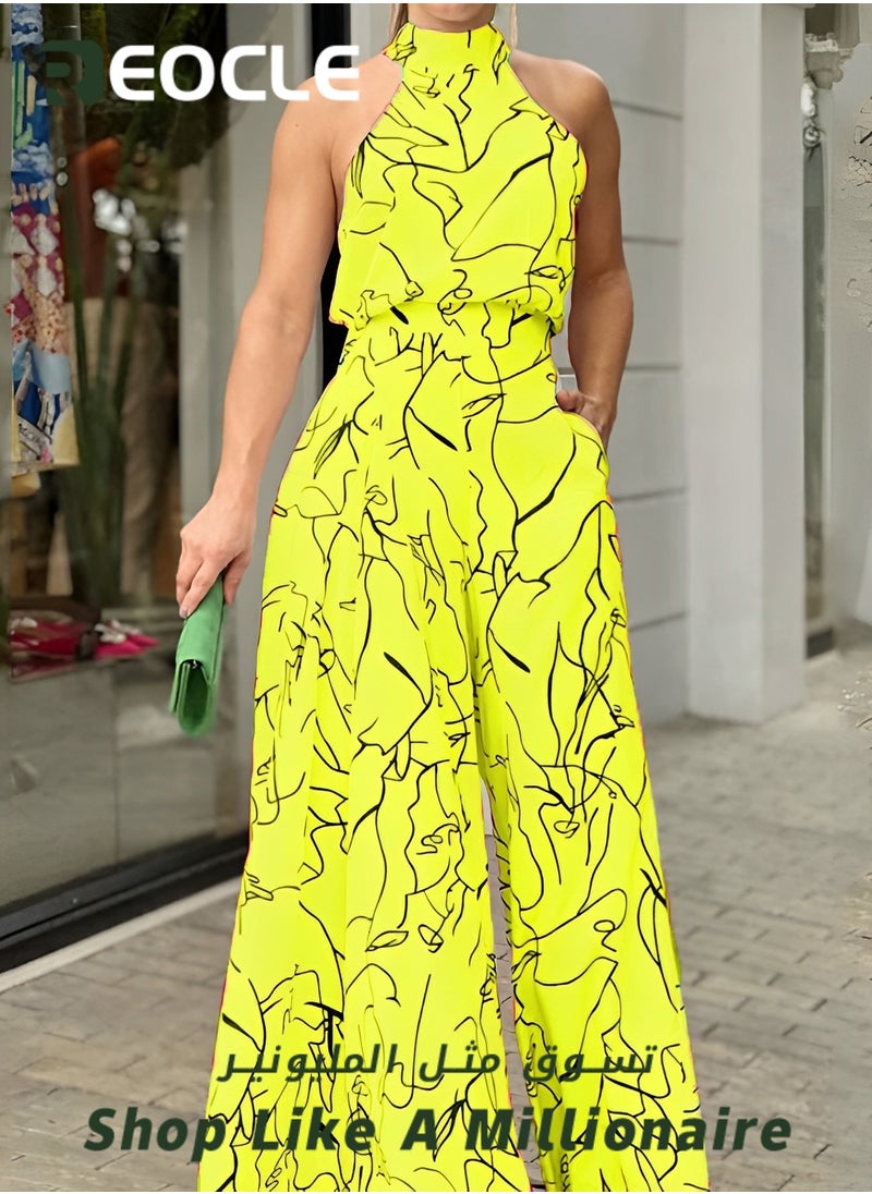 Elegant Jumpsuit Waist-cinching Lace-up Long-sleeved Trousers Printed Jumpsuit Fashionable Printed Design Stand-up Collar Design Waist-cinching Design