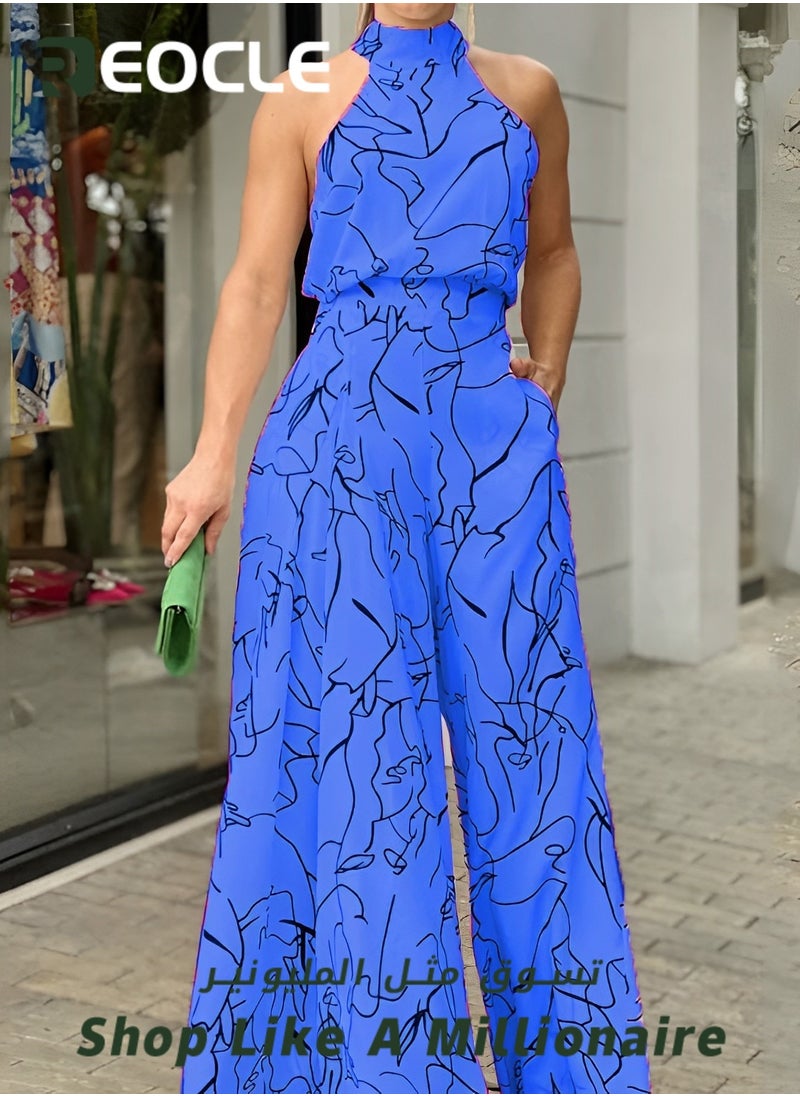 Elegant Jumpsuit Waist-cinching Lace-up Long-sleeved Trousers Printed Jumpsuit Fashionable Printed Design Stand-up Collar Design Waist-cinching Design