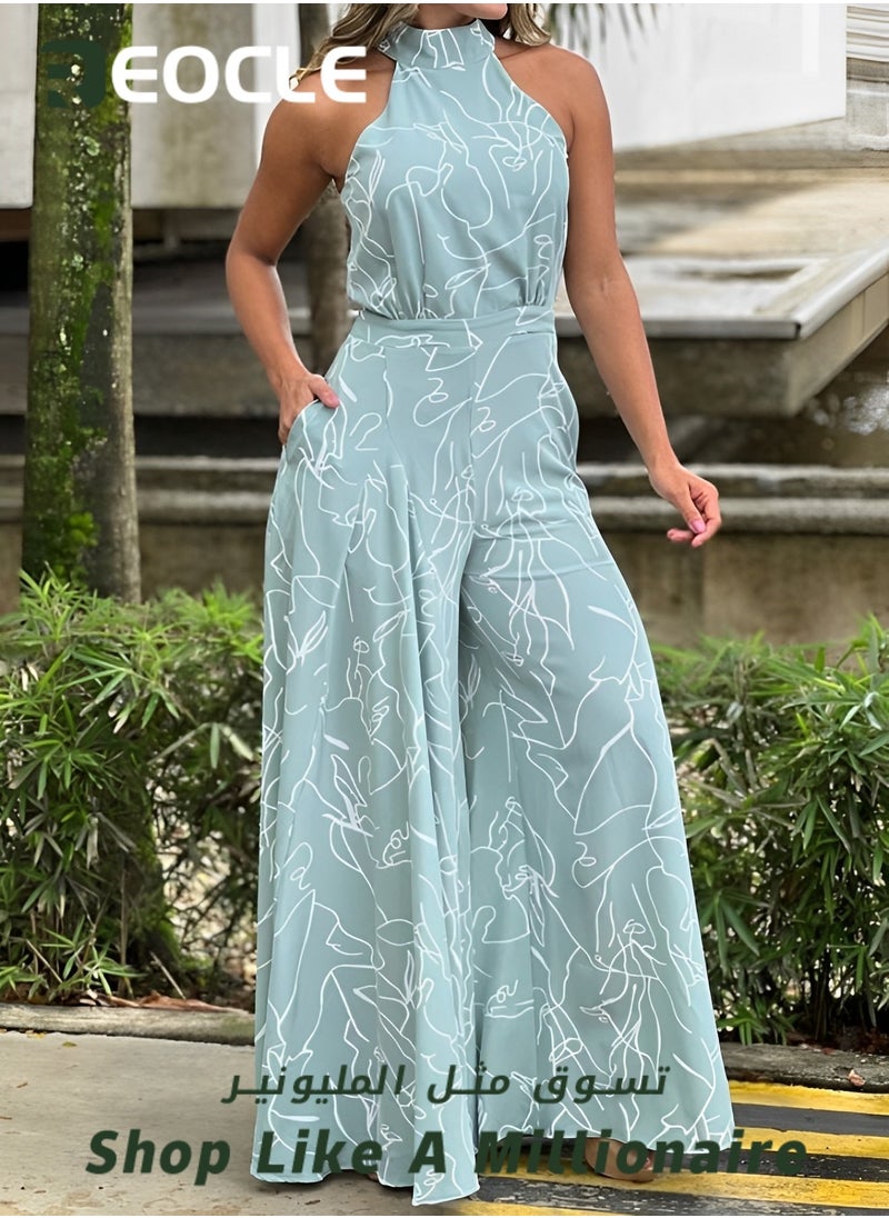 Elegant Jumpsuit Waist-cinching Lace-up Long-sleeved Trousers Printed Jumpsuit Fashionable Printed Design Stand-up Collar Design Waist-cinching Design