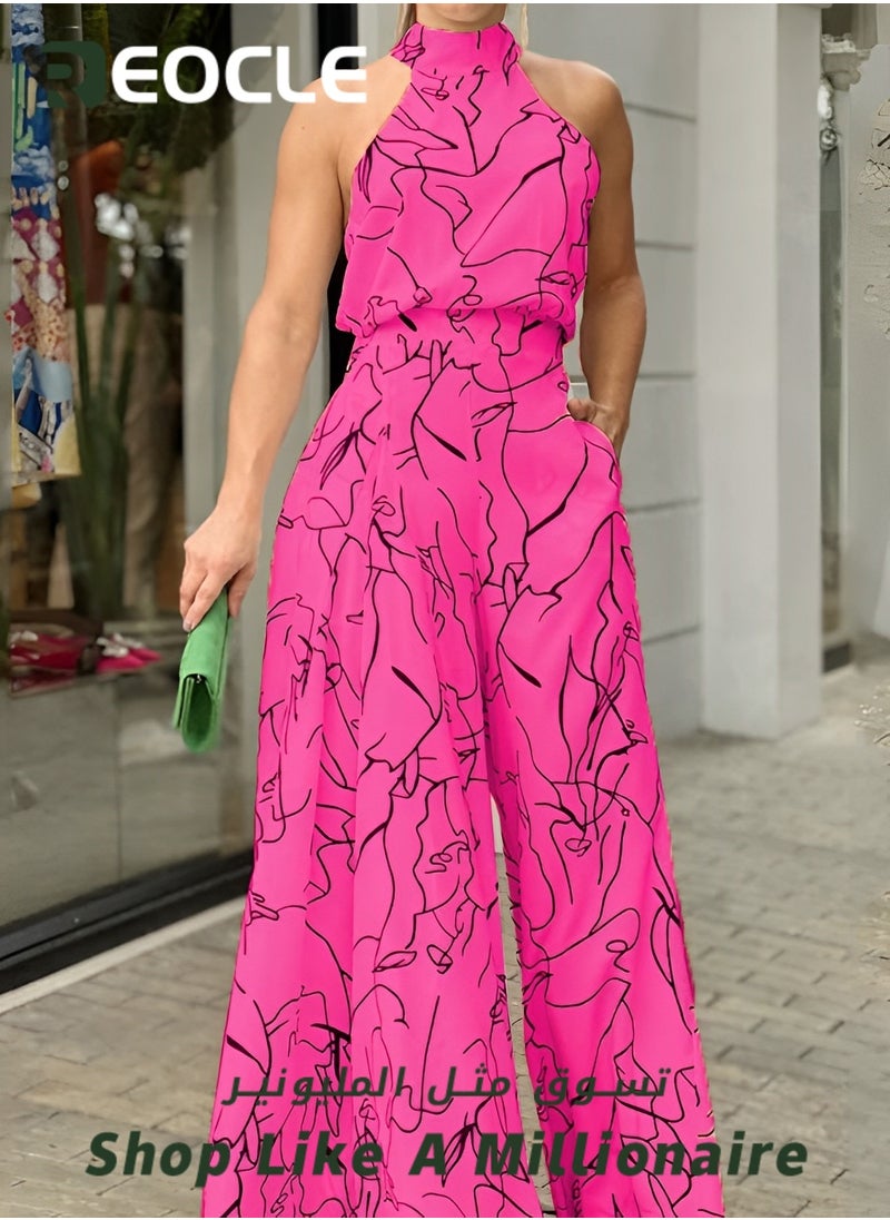 Elegant Jumpsuit Waist-cinching Lace-up Long-sleeved Trousers Printed Jumpsuit Fashionable Printed Design Stand-up Collar Design Waist-cinching Design