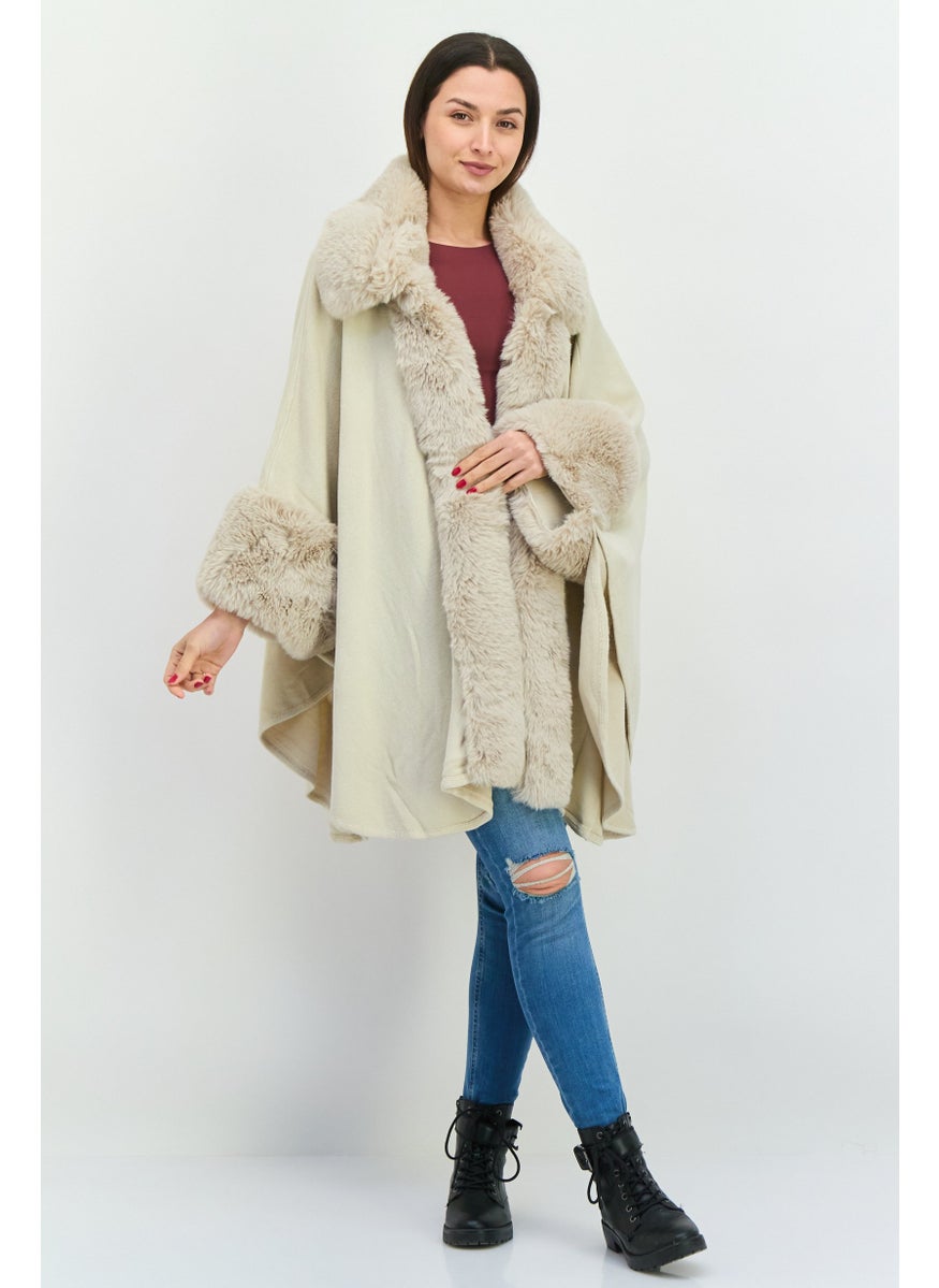 Women Split Neck Faux Fur Poncho, Beige