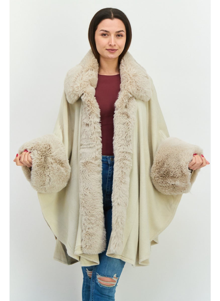 Women Split Neck Faux Fur Poncho, Beige