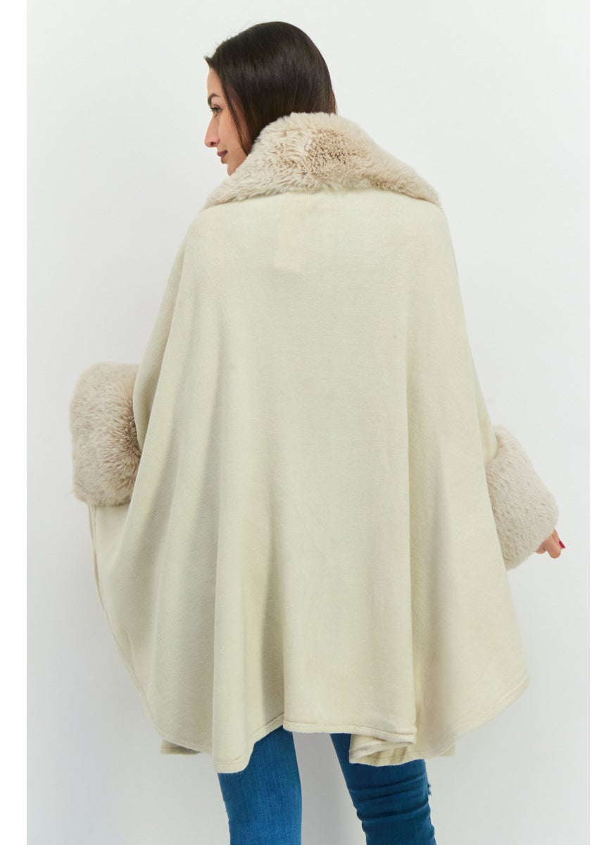 Women Split Neck Faux Fur Poncho, Beige