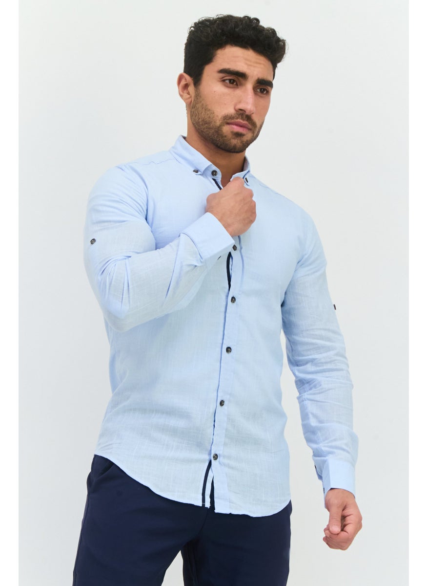 Men Regular Fit Chambray Long Sleeves Casual Shirt, Light Blue