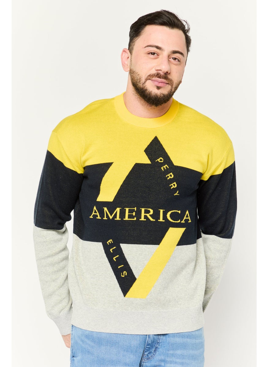 Men Crew Neck Long Sleeve Brand Logo Sweater, Yellow