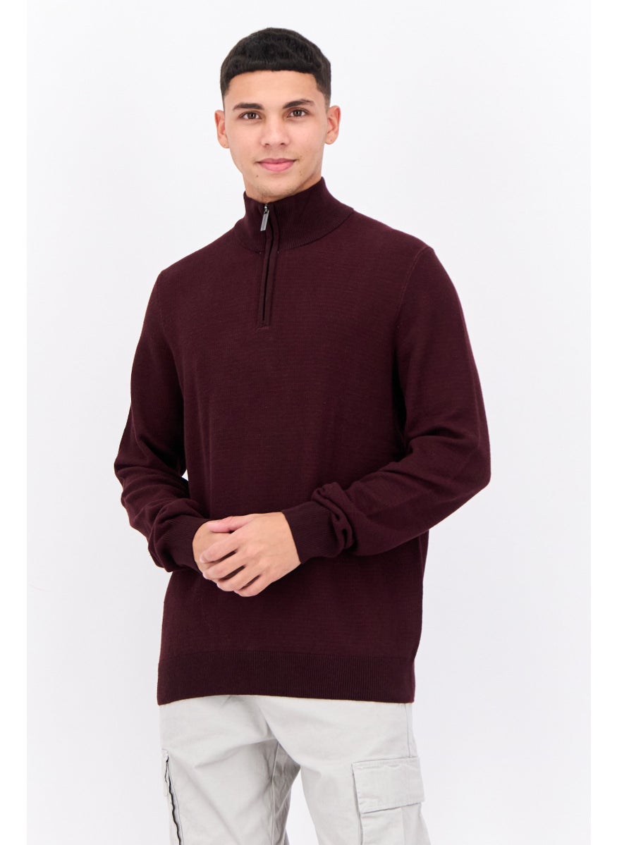 Men Mock Neck Knitted Quarter Zip Long Sleeves Sweater, Maroon