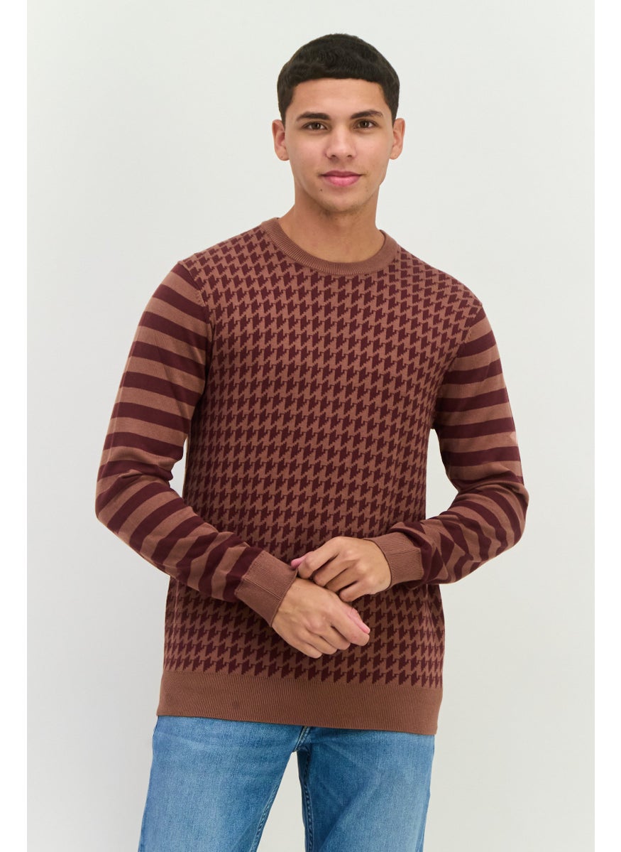 Men Crew Neck Long Sleeves Allover Printed Sweater, Brown Combo