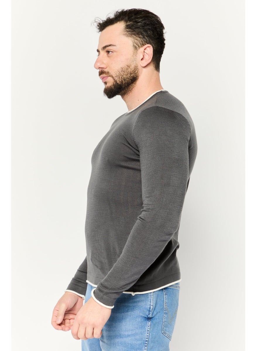Men Crew Neck Knitted Sweater, Dark Grey