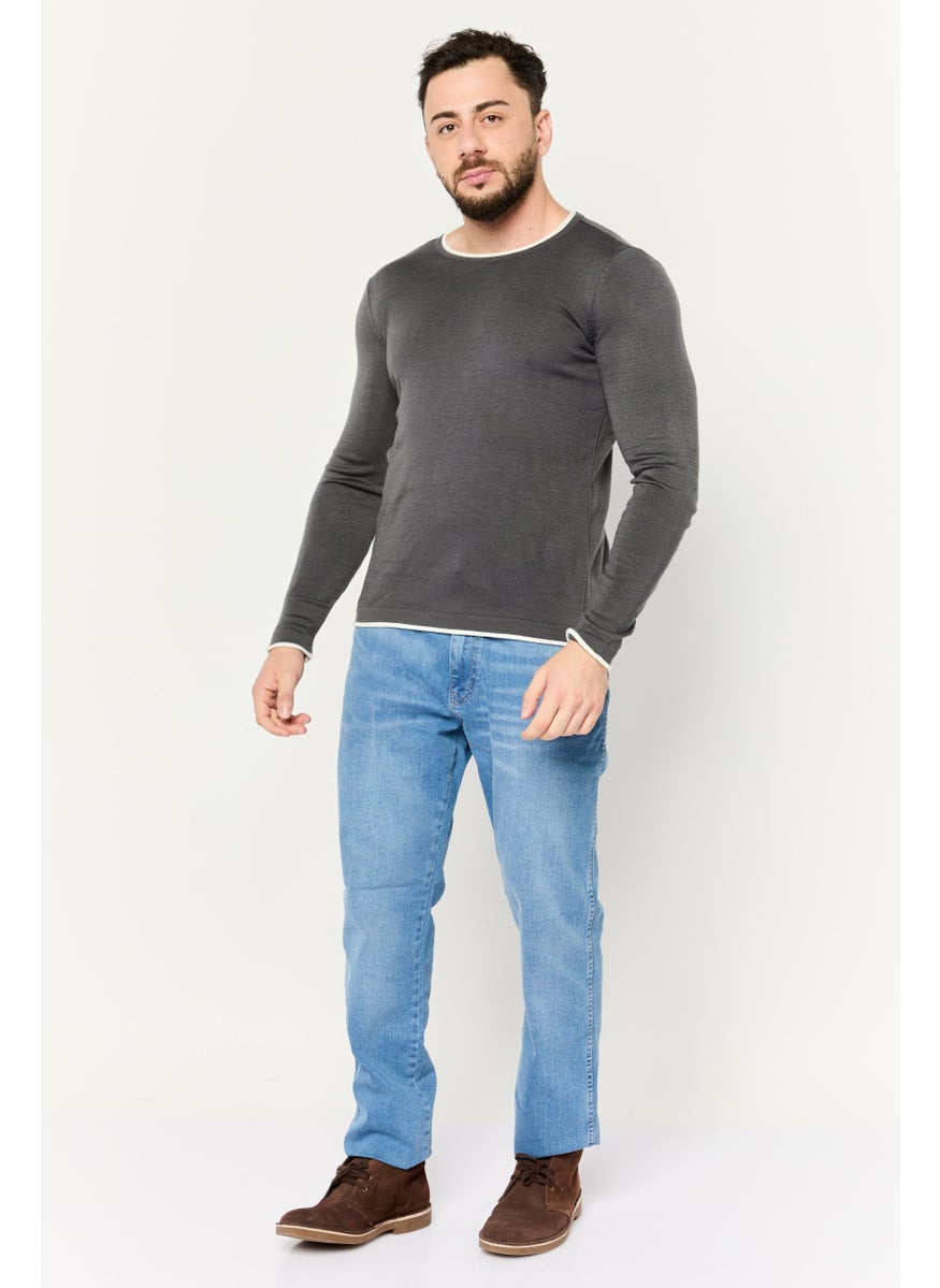 Men Crew Neck Knitted Sweater, Dark Grey