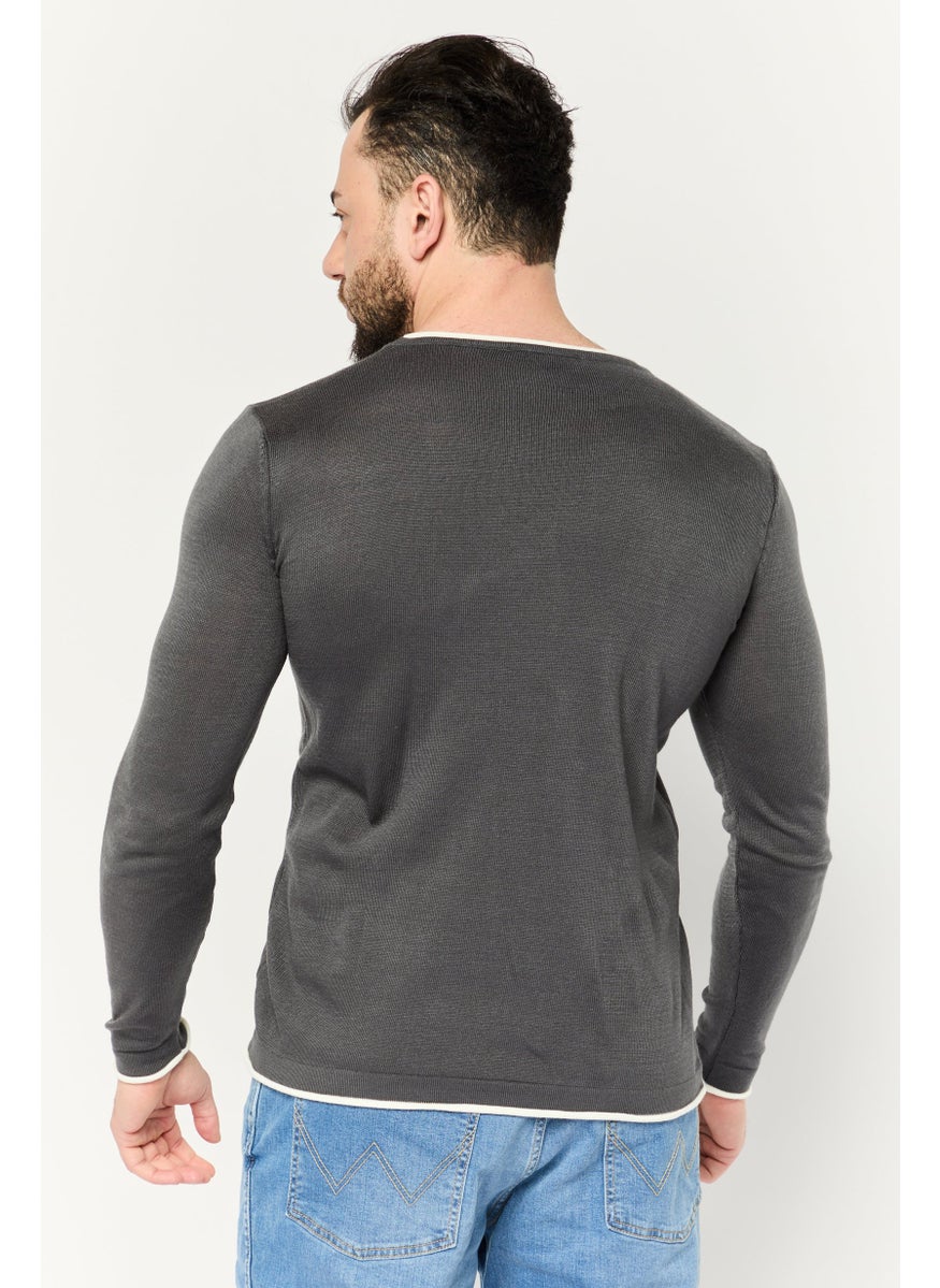 Men Crew Neck Knitted Sweater, Dark Grey