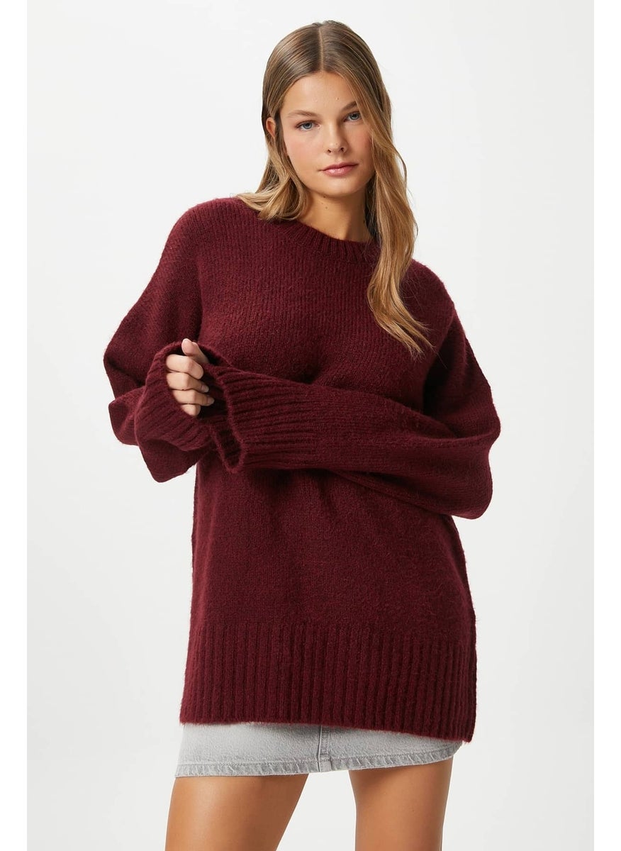 Women's Homy Soft Crew Neck Claret Red Oversize Knitwear Sweater