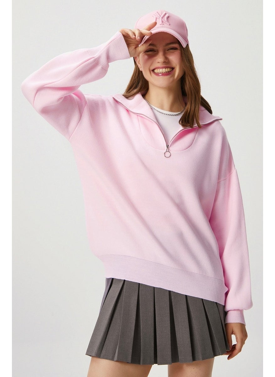 Women Bruno Basic Zippered Pink Sweater