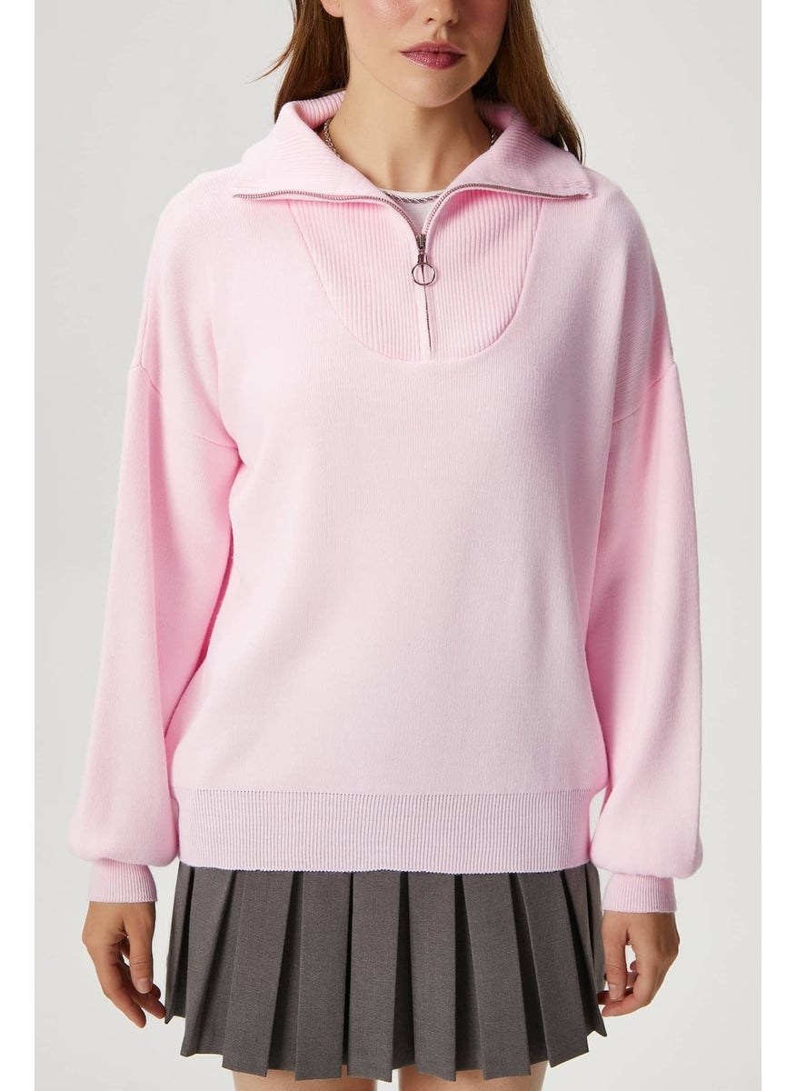 Women Bruno Basic Zippered Pink Sweater