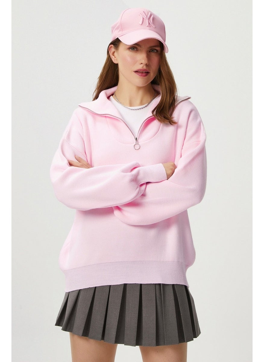 Women Bruno Basic Zippered Pink Sweater