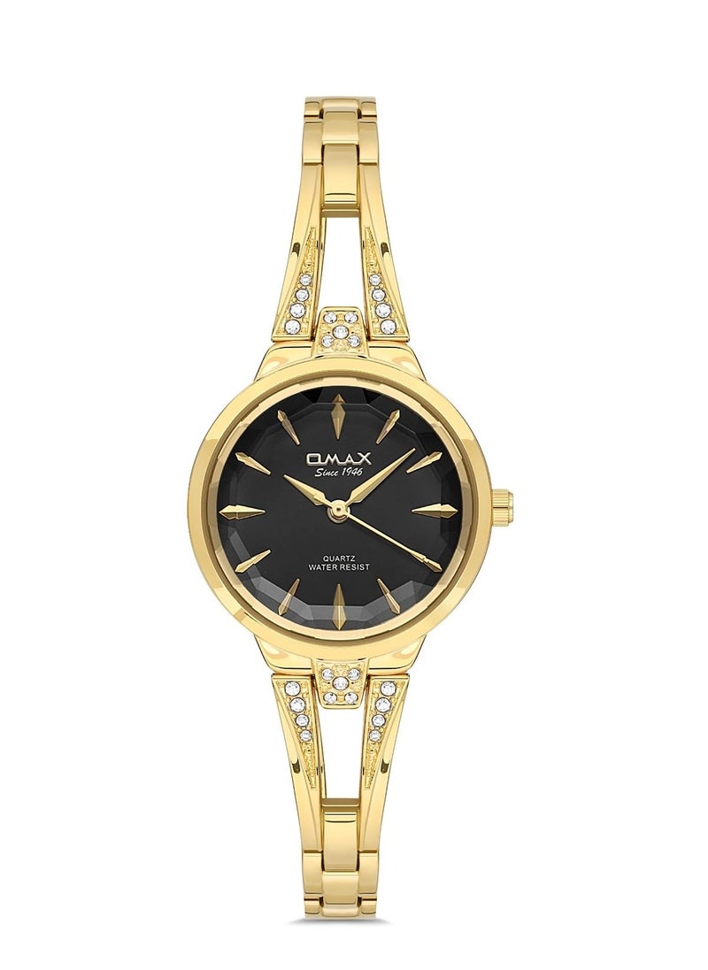 Omax Original Watches for Women Full Gold Stainless Steel Classic Strap 31mm Black Crystal Round Shape Analog Wrist Watch Woman 100% Waterproof Business Casual Wear Gifts Made in Japan 1 Year Warranty