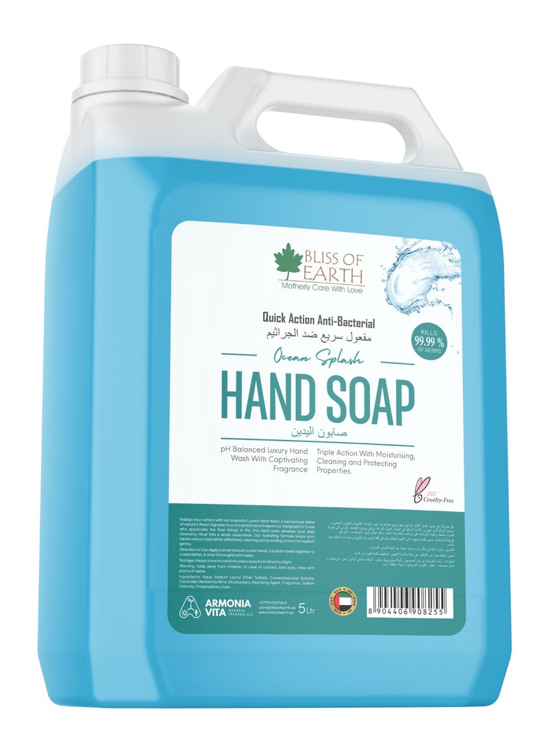 Bliss of Earth Antibacterial Hand Wash Refill Refreshing Ocean Splash Hand Soap 5 Liter Non Drying Moisturizing Formula Aromatic Fragrance Perfect Hand Soap For Hotel Office Home and Public Spaces