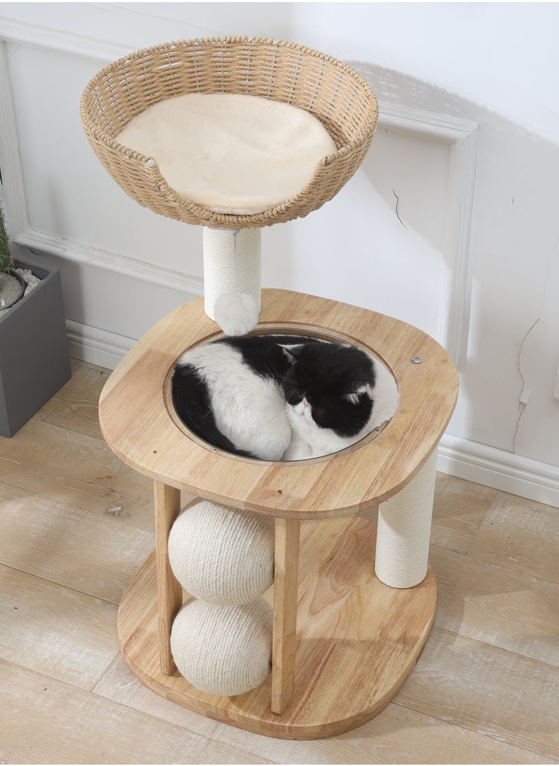 Cat Tree Tower, Cat Bed with Toy, Cat Furniture Scratching Tree for Indoor Cat, Space capsule design,Real Natural Water Hyacinth Cat Condo,Manual Hand Woven Tall Wood Cat House, New Cat Condo Unique Cat Gift