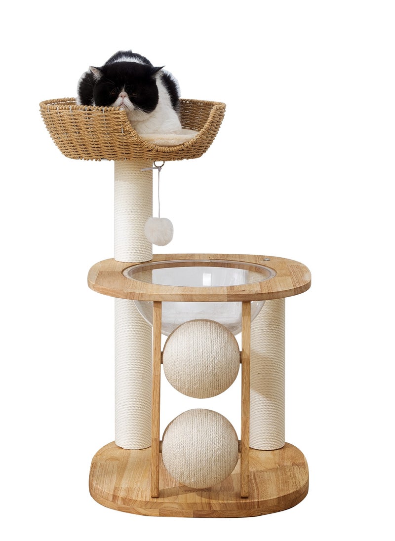 Cat Tree Tower, Cat Bed with Toy, Cat Furniture Scratching Tree for Indoor Cat, Space capsule design,Real Natural Water Hyacinth Cat Condo,Manual Hand Woven Tall Wood Cat House, New Cat Condo Unique Cat Gift