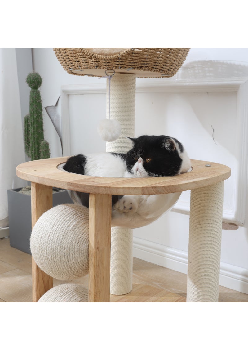 Cat Tree Tower, Cat Bed with Toy, Cat Furniture Scratching Tree for Indoor Cat, Space capsule design,Real Natural Water Hyacinth Cat Condo,Manual Hand Woven Tall Wood Cat House, New Cat Condo Unique Cat Gift