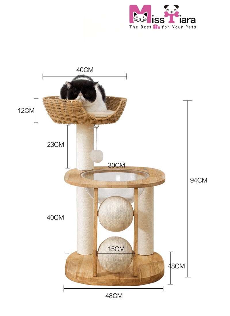 Cat Tree Tower, Cat Bed with Toy, Cat Furniture Scratching Tree for Indoor Cat, Space capsule design,Real Natural Water Hyacinth Cat Condo,Manual Hand Woven Tall Wood Cat House, New Cat Condo Unique Cat Gift