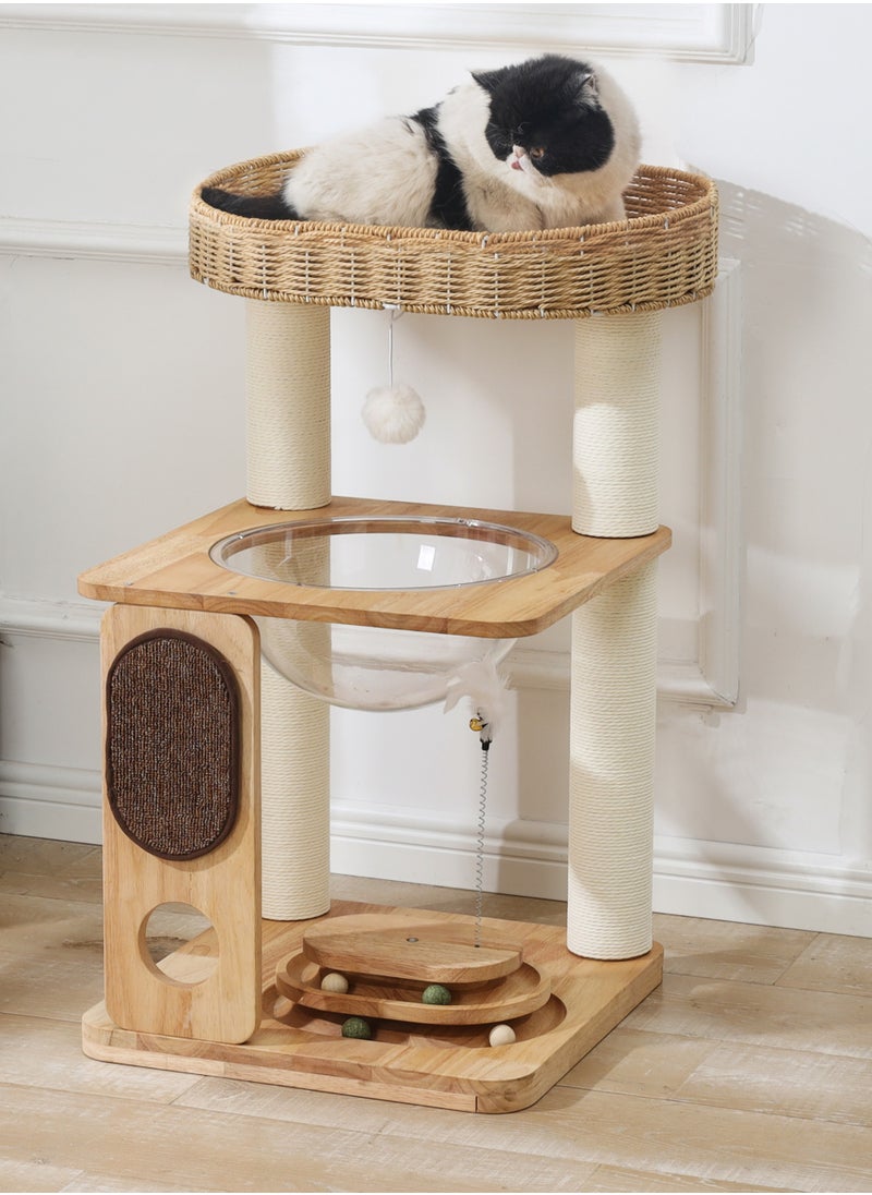 Cat Condo,Cat Tree Tower, Cat Bed with Toy, Cat Furniture Scratching Tree for Indoor Cat,Manual Hand Woven Tall Wood Cat House,Includes 50cm large cat bed, 30cm space capsule,Cat scratching pad and toys,Unique Cat Lover Gift