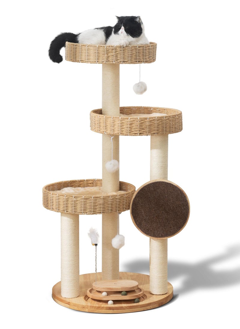 Cat Tree Tower, Cat Scratching Posts,Cat Furniture Scratching Tree for Indoor Cat, Three-tiered platform for cats to jump freely, Solid wood Manual Hand Woven Cat House, Unique New Cat Condo High-end Design Cat Furniture Activity Centre, Easy Clean Best Gift for Cat