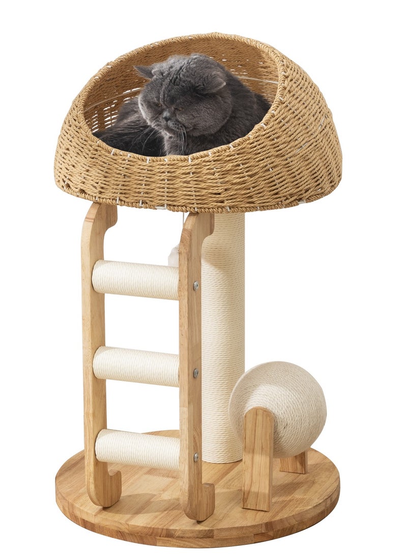 Cat Tree Tower, Cat Bed with Toy, Cat Furniture Scratching Tree for Indoor Cat, Manual Hand Woven Tall Wood Cat House,Includes 45cm large cat bed with 15cm Cat scratching ball toys,New Cat Condo Unique Cat Gift