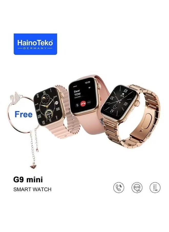 G9 Mini Smart Watch for Ladies | 41mm HD Smart Display, Two Strap Sets & Beautiful Bracelet, Wireless Charging, Rose Gold Edition | Stylish & Functional