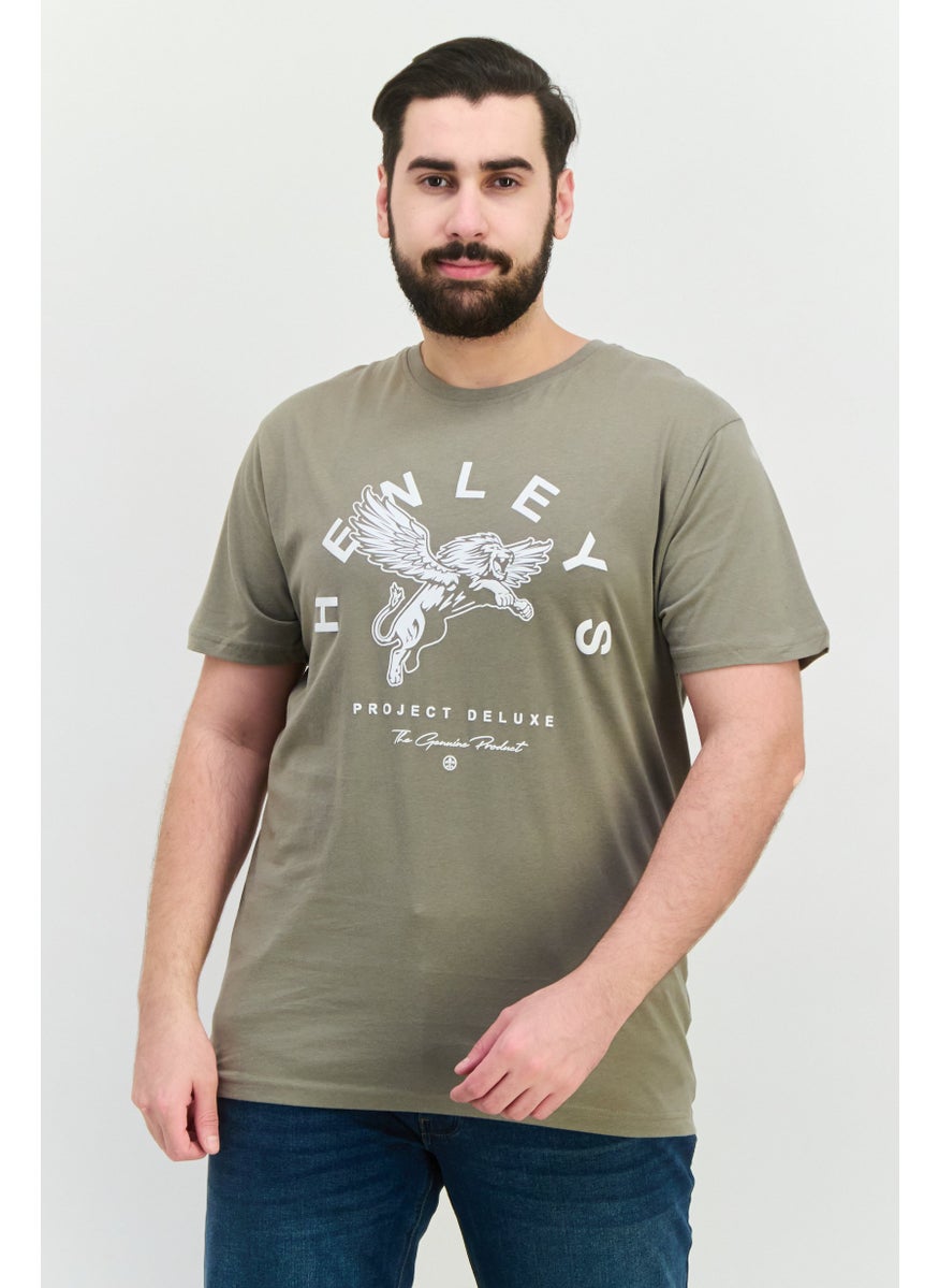 Men Round Neck Short Sleeves Brand Logo T-Shirt, Dusty Olive