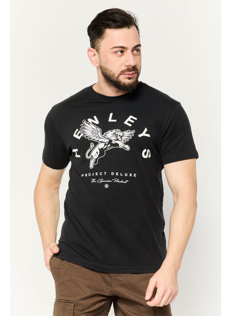 Men Crew Neck Short Sleeves Brand Logo T-Shirt, Black