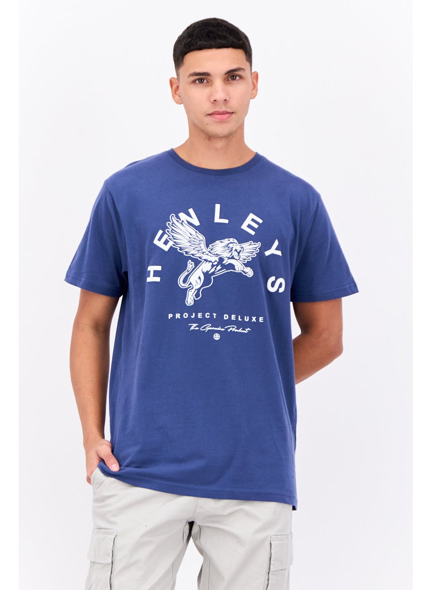 Men Round Neck Short Sleeves Brand Logo T-Shirt, Blue