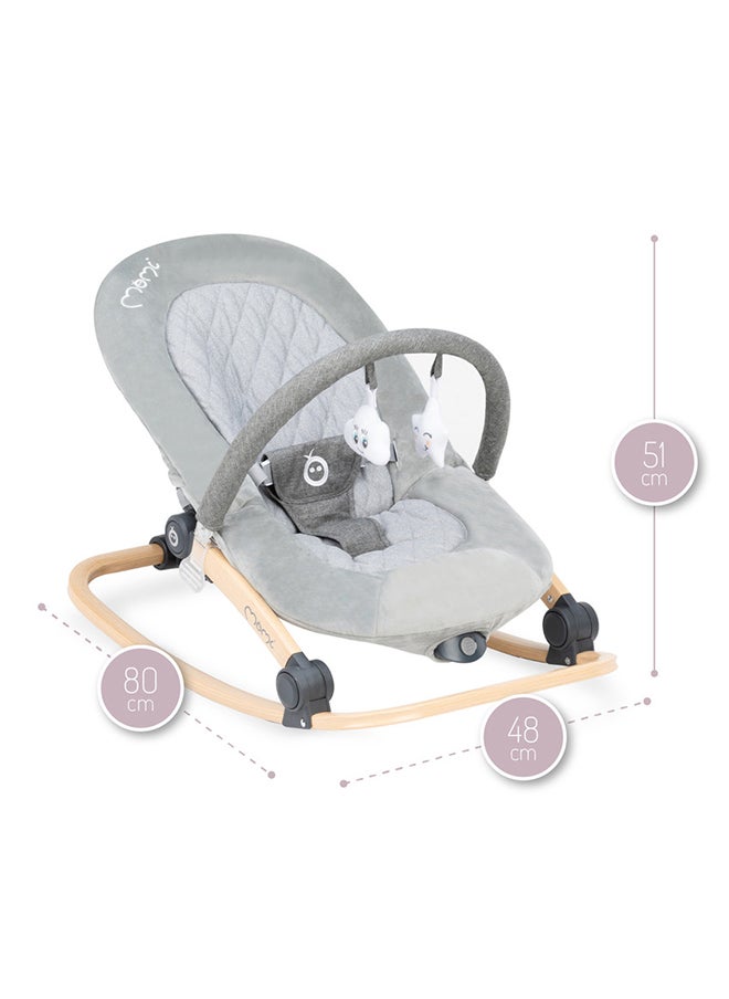 Lumiwood Lightweight Ergonomic Baby Rocker Bouncer, Modern Design, Anti-Slip Pad, Plays Melodies, Sensory Module, Colourful Pattern, Wooden Frame For 0+ Months, Grey