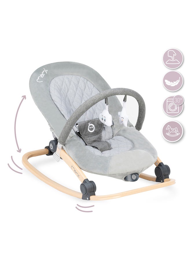 Lumiwood Lightweight Ergonomic Baby Rocker Bouncer, Modern Design, Anti-Slip Pad, Plays Melodies, Sensory Module, Colourful Pattern, Wooden Frame For 0+ Months, Grey