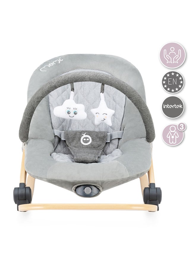 Lumiwood Lightweight Ergonomic Baby Rocker Bouncer, Modern Design, Anti-Slip Pad, Plays Melodies, Sensory Module, Colourful Pattern, Wooden Frame For 0+ Months, Grey