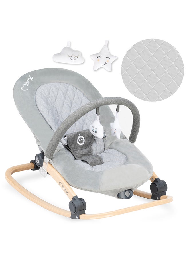 Lumiwood Lightweight Ergonomic Baby Rocker Bouncer, Modern Design, Anti-Slip Pad, Plays Melodies, Sensory Module, Colourful Pattern, Wooden Frame For 0+ Months, Grey