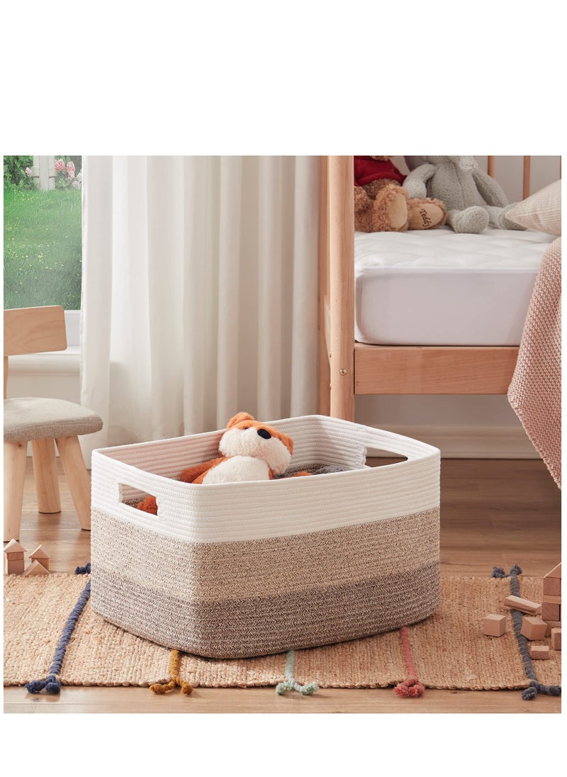 Large Rectangle Blanket Basket, Woven Nursery Cotton Rope Baskets for Storage, Living Room, Toy Organizing with Handle