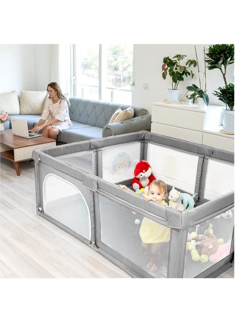 Baby Playpen 120x120cm Extra Large Playpen for Babies Kids Safe Play Center for Babies with Breathable Mesh and Zipper Door and Toddlers Gives Mommy a Break Grey